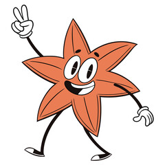 Cartoon Starfish Character with Smiling Face, Arms Raised and Making Peace Hand Sign