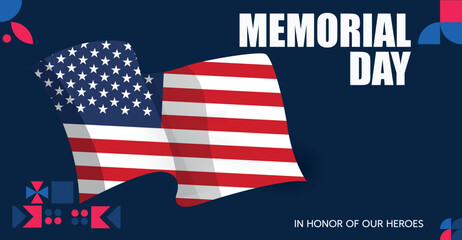Memorial Day USA Banner with American Flag on Blue Background.