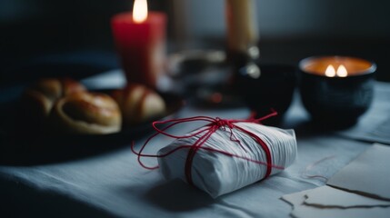 A gift wrapped in white paper and red twine rests on a candlelit table, surrounded by cozy candles and a plate of pastries, evoking warmth and anticipation.