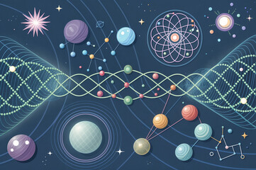 The image is a complex scientific diagram featuring various elements, including atom structures, mathematical equations, and oscilloscope waves. It appears to depict the interaction between atoms and
