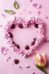 Pink Cream Heart Frame with Chocolate Candies and Tulip