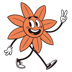 Retro Orange Flower Cartoon Character Walking and Gesturing Peace on Isolated White