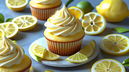 Delicious beautiful dessert photo lemon cupcakes with cheese cream, lemon, decorated by rosemary at coloreful blue pattern plate with parchament background, selective focus, filled by lemon curd, soft