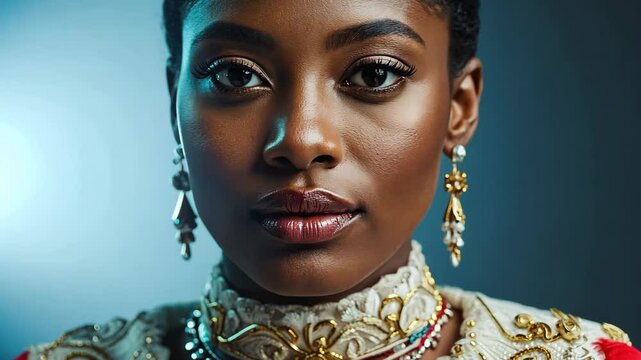 Empowered american woman with radiant melanin skin, adorned in regal attire and cultural jewelry. Celebrating beauty, diversity, heritage, and strength with modern elegance