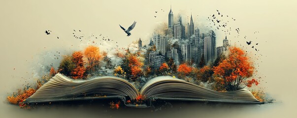 Whimsical scene of an open book with trees, buildings, and birds emerging from its pages, creating a magical world, beige background, AI generative artwork