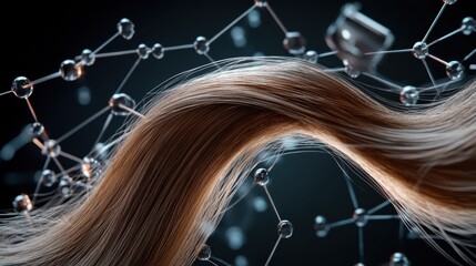 A close-up of a single hair fiber encircled by nanotechnology-inspired molecular elements, representing advanced hair repair solutions.