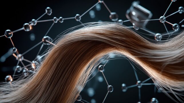 A close-up of a single hair fiber encircled by nanotechnology-inspired molecular elements, representing advanced hair repair solutions.
