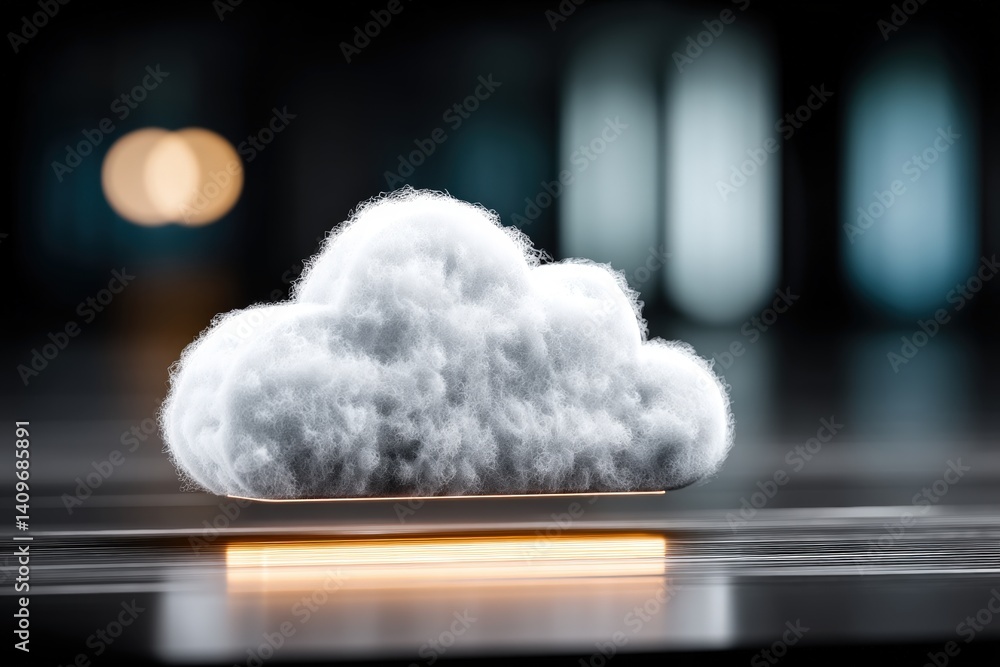Poster cloud sculpture illuminated on a reflective surface with soft background lights.