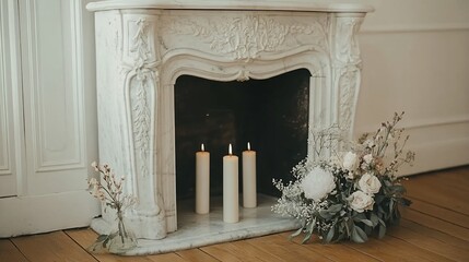 Ornate fireplace with candles and floral arrangement