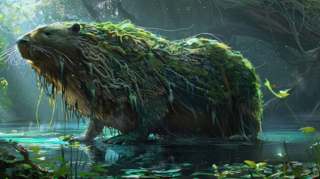 A giant nutria with vines and moss growing in its fur, deep old growth forest, ethereal light, fantasy, elden ring, concept art,