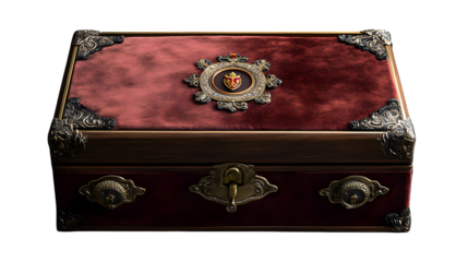 Ancient velvet jewelry box with royal family emblem and ornate lock