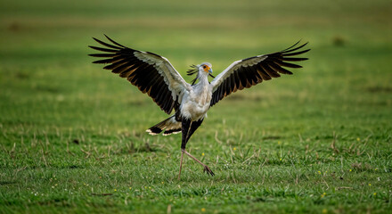 Obraz premium Secretary bird with wings spread on grass, large bird dancing in open field