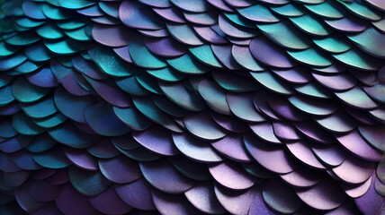 Extreme close-up of mermaid scale texture, iridescent multichrome scales shifting between violet, deep blue, and turquoise. Fantasy, mythical creature texture