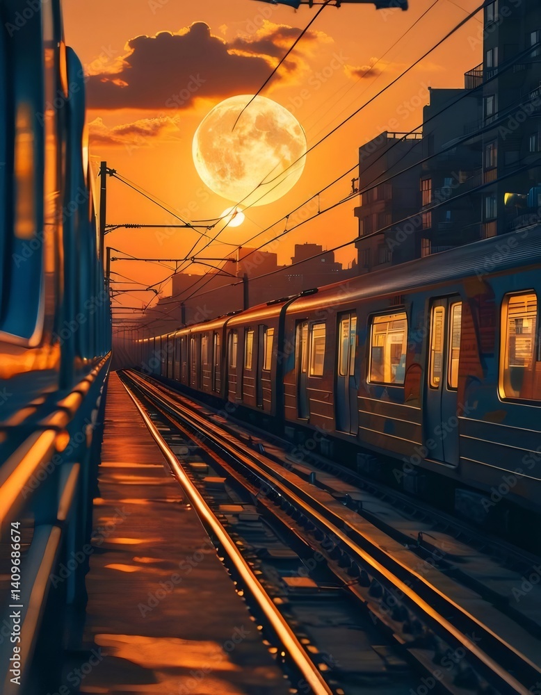 Aufkleber 夕暮れ時の都市の風景 電車と月のシルエット オレンジ色の光が輝く都市景観