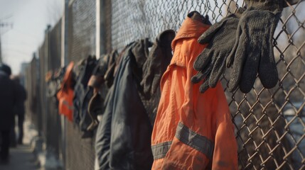 Vibrantly colored gloves hang on a chain-link fence alongside weathered coats, creating a striking contrast in texture and utility.