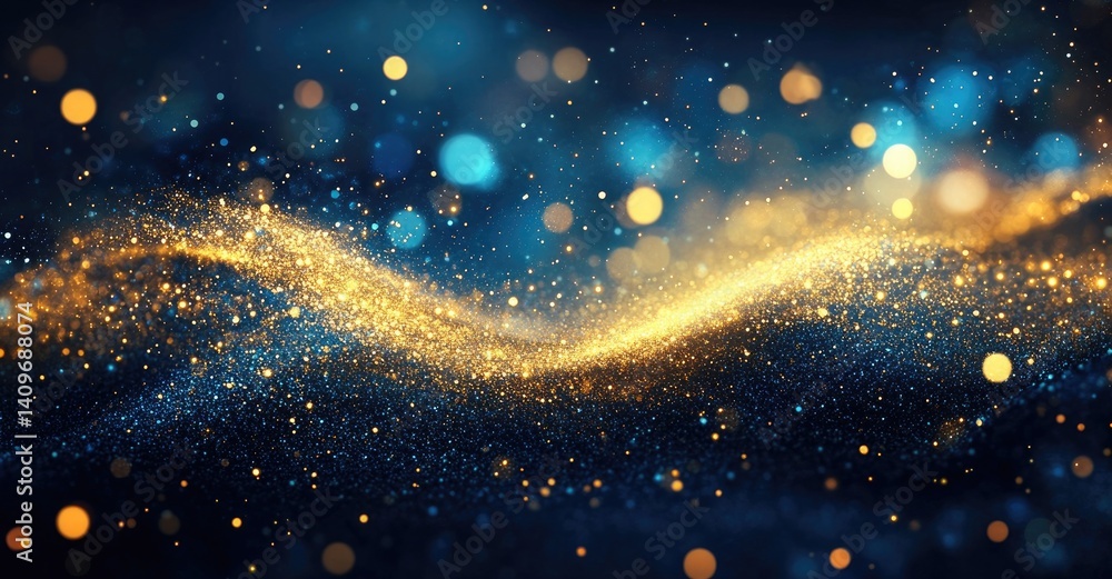 Poster abstract golden sparkles on deep blue backdrop with bright bokeh effect background