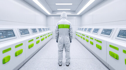 person in white protective suit stands in futuristic lab with green accents, surrounded by advanced technology and digital screens, creating high tech and sterile environment