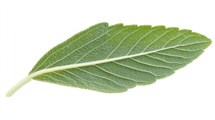Single green leaf, studio shot, white background, botanical illustration, herbal product