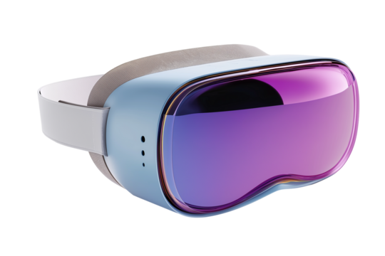blue virtual reality headset with purple reflective lenses  isolated on transparent white background