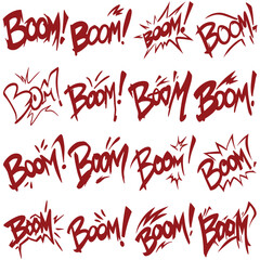 Graffiti style “BOOM!” text in bold red color, hand-drawn lettering with comic book explosion effects, expressive brush strokes, energetic street art vibe on white background. © Fahad