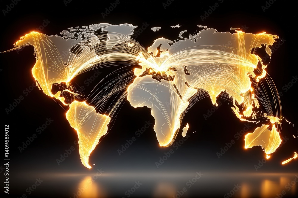 Sticker world map with glowing connections illustrating global networking.