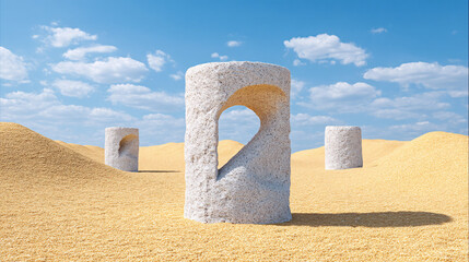 surreal desert landscape features large, sculpted stone structures with unique cutouts, set against backdrop of golden sand dunes and bright blue sky with scattered clouds