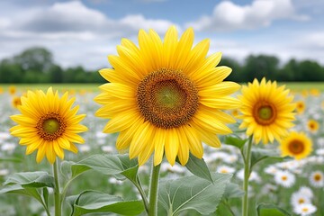 Fototapeta premium A field of sunflowers under a bright summer sky