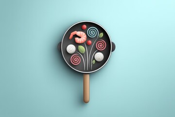 A flat vector of a Pad Thai wok and single shrimp with abstract sauce swirls