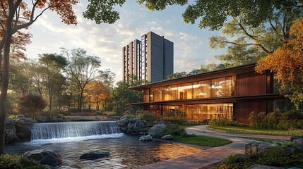 Obraz premium Modern Architecture with Waterfall in Lush Landscape