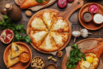 Set of various khachapuri with sauces, nuts, herbs and vegetables on wooden background. Traditional georgian bakery products. Top view, flat lay