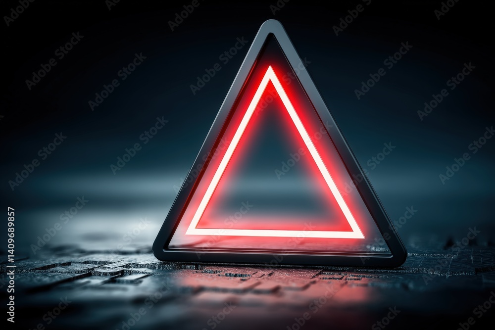 Poster illuminated triangular warning sign against a dark background.