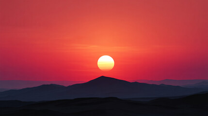 glowing summer sunset casts vibrant hues over serene desert landscape, with sun setting behind distant hills, creating tranquil and breathtaking scene