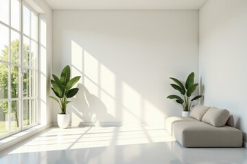Bright Sunlight Illuminates Minimalist Living Space with Neutral Sofa and Lush Greenery