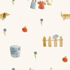 Charming countryside-inspired seamless pattern featuring cute animals, farmhouses, sunflowers, strawberries, and more. Perfect for children’s clothing and textiles.