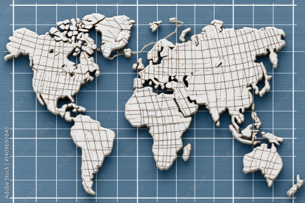 Poster stylized world map on a textured grid background.