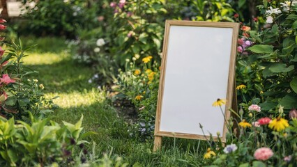 A blank frame placed in a vibrant garden with colorful flowers surrounding it. The natural setting provides a peaceful backdrop, perfect for adding text or artwork. Concept of outdoor creativity and n
