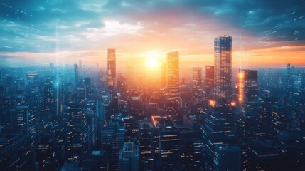 Fototapeta premium aerial view of futuristic megapolis at orange sunset with sky high buildings and digital streams as the symbol of future innovative city life
