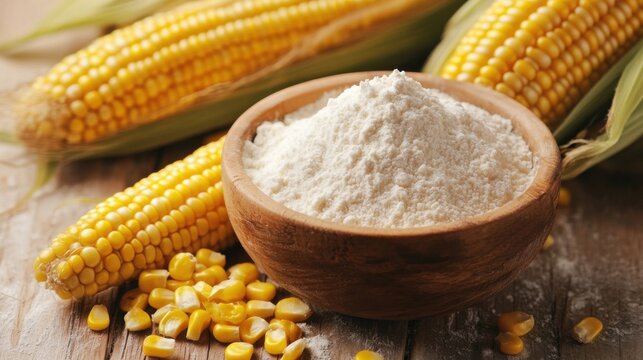 Still life of corn on the cob corn kernels and cornstarch in a wooden bowl on a wooden surface