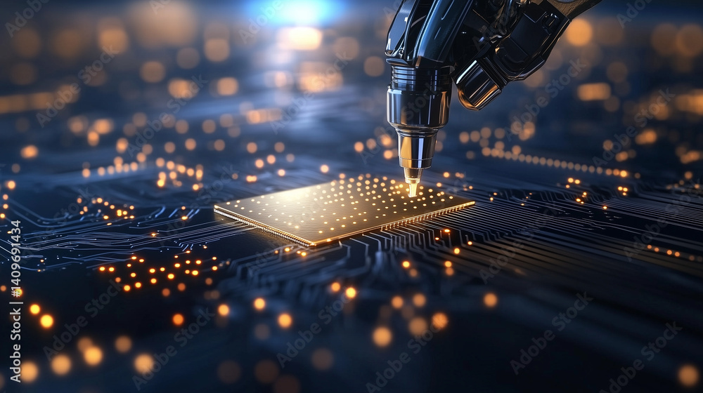 Poster close-up of robotic gripper gently placing golden wafer onto microchip etching platform, glowing las