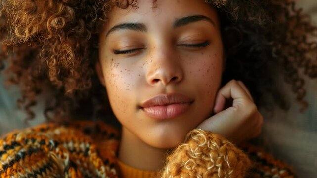 Video of a smiling girl with red curly hair captured in warm lighting. Great for cosmetics ads, beauty blogs, self-development videos.
