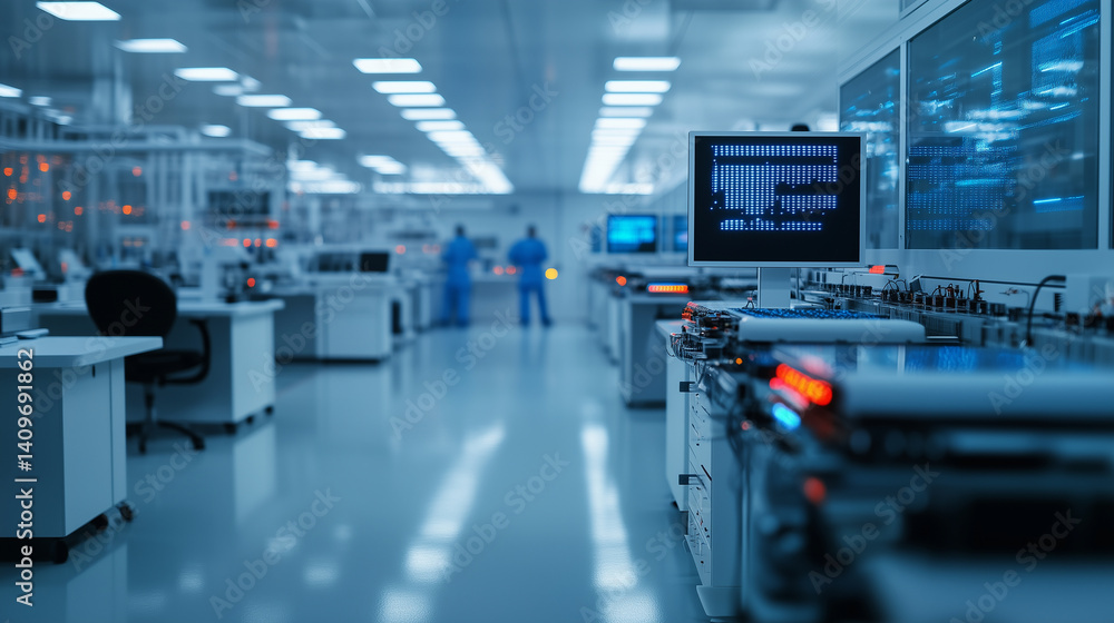 Poster panoramic view of futuristic processor lab, glimmering wafers on rotating spindles, holographic read