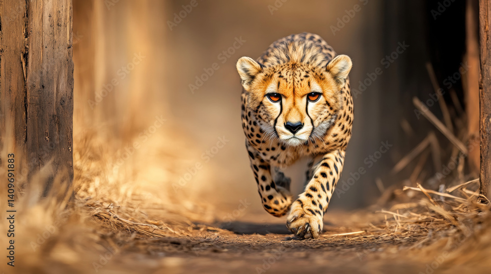 Poster exotic zoo, a cheetah running in an open field captured in high fidelity.