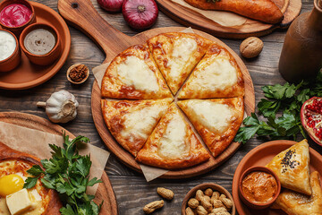 Set of various khachapuri with sauces, nuts, herbs and vegetables on wooden background. Traditional georgian bakery products. Megrelian and Adjarian khachapuri