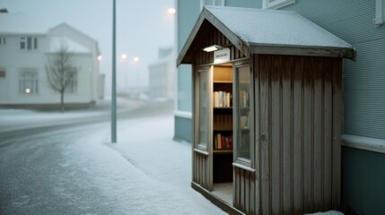 Fototapeta premium Snow-covered book kiosk glows warmly in the twilight, inviting lone readers in a silent winter street setting.