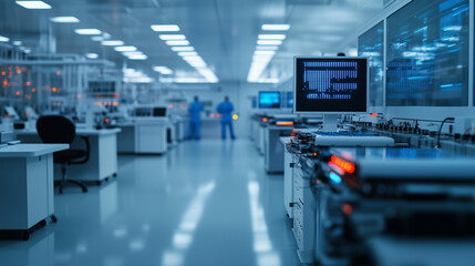 Fototapeta premium Panoramic view of futuristic processor lab, glimmering wafers on rotating spindles, holographic readouts project data in real time