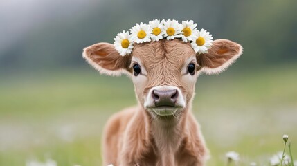 Obraz premium A playful calf wearing a crown of daisies, standing in a lush meadow and staring curiously at the camera with wide eyes.