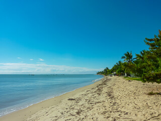 Golden sand stretches across a wide beach scattered with seaweed, bordering the gentle ocean surf under a vast, clear blue sky with few clouds at Coroa Vermelha, Bahia, Brazil. Paradise tropical coast