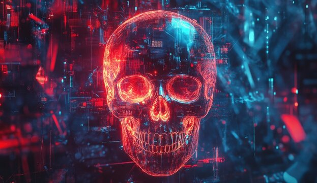 A translucent skull, glowing red and blue, embedded within a digital circuit matrix