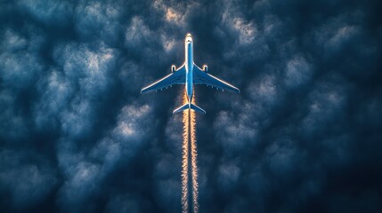 Airplane ascending through dark clouds, aerial view, contrail, travel