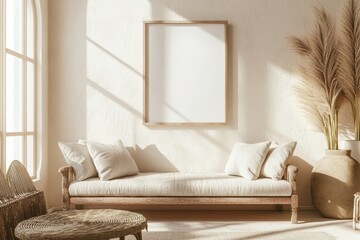Fototapeta premium Scandinavian interior design with natural light and comfortable sofa